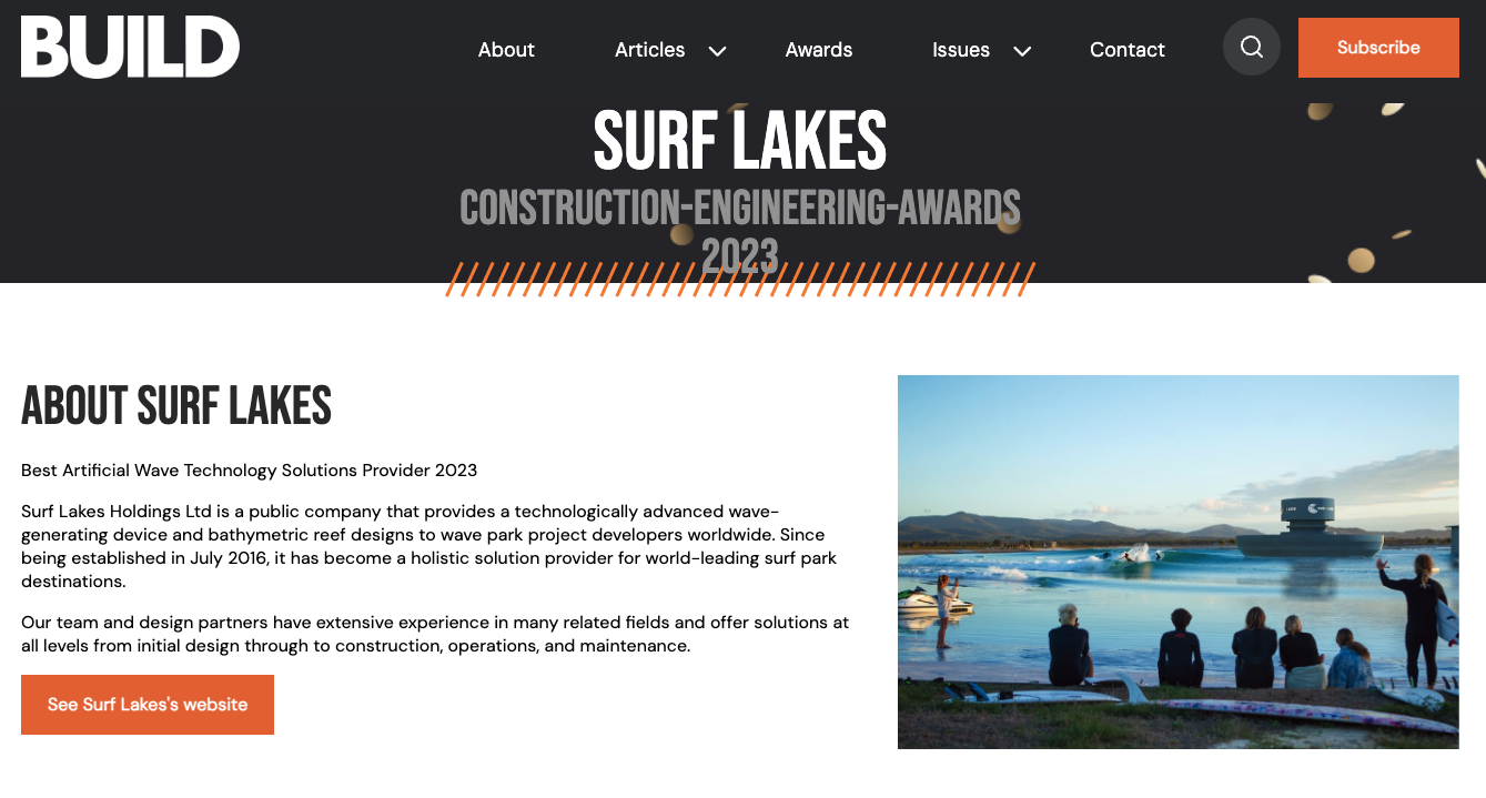 SURF LAKES wins Build Construction & engineering award
